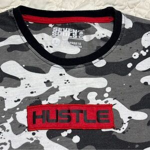 Seven Souls Men's Gray Black White Camo Short Sleeve Tee with Red 'HUSTLE' Patch